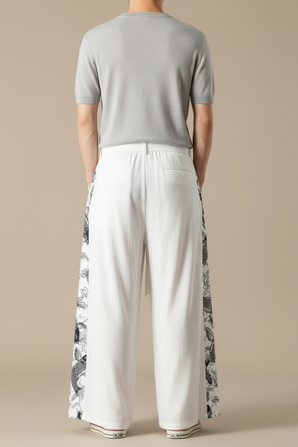 Pantalon Blanc Ample Lin Motif Carpe Chinois - vue 2