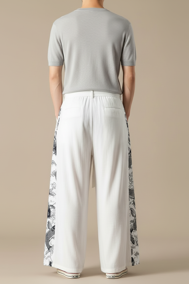 Pantalon Blanc Ample Lin Motif Carpe Chinois - vue 2
