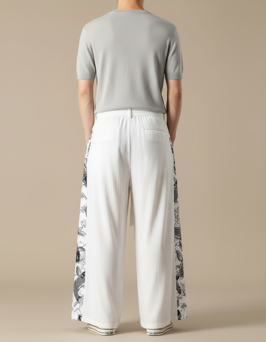 Pantalon Blanc Ample Lin Motif Carpe Chinois - vue 2
