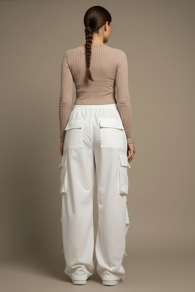 Pantalon Blanc Cargo Ample Décontracté Femmes - Toile - vue 2