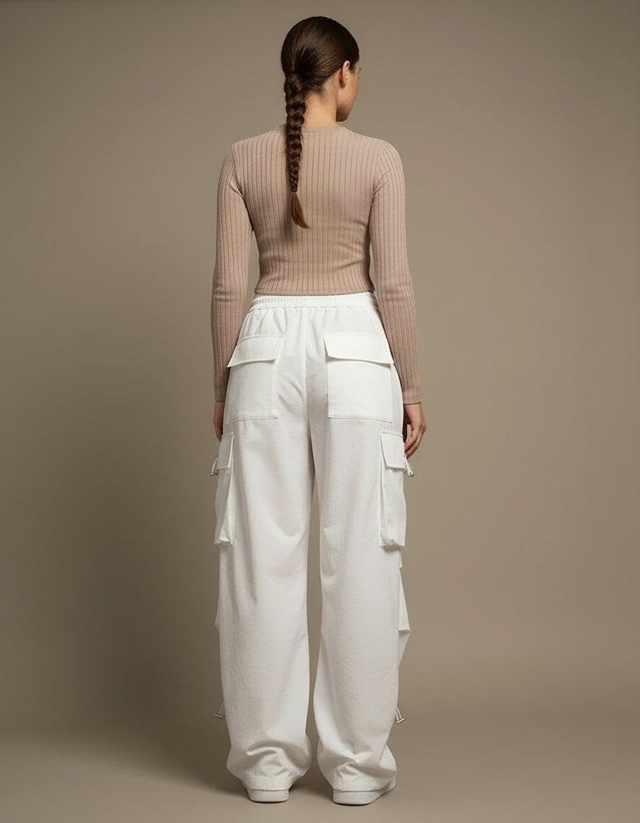 Pantalon Blanc Cargo Ample Décontracté Femmes - Toile - vue 2