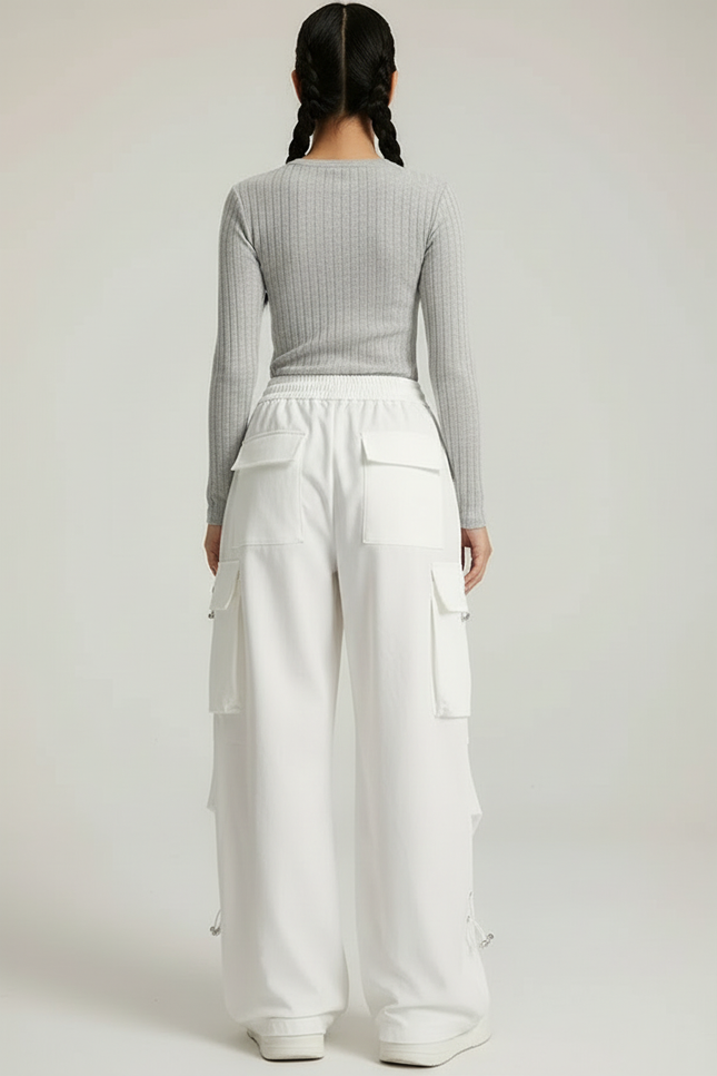 Pantalon Blanc Cargo Ample Taille Haute Femme - Polyester - vue 2