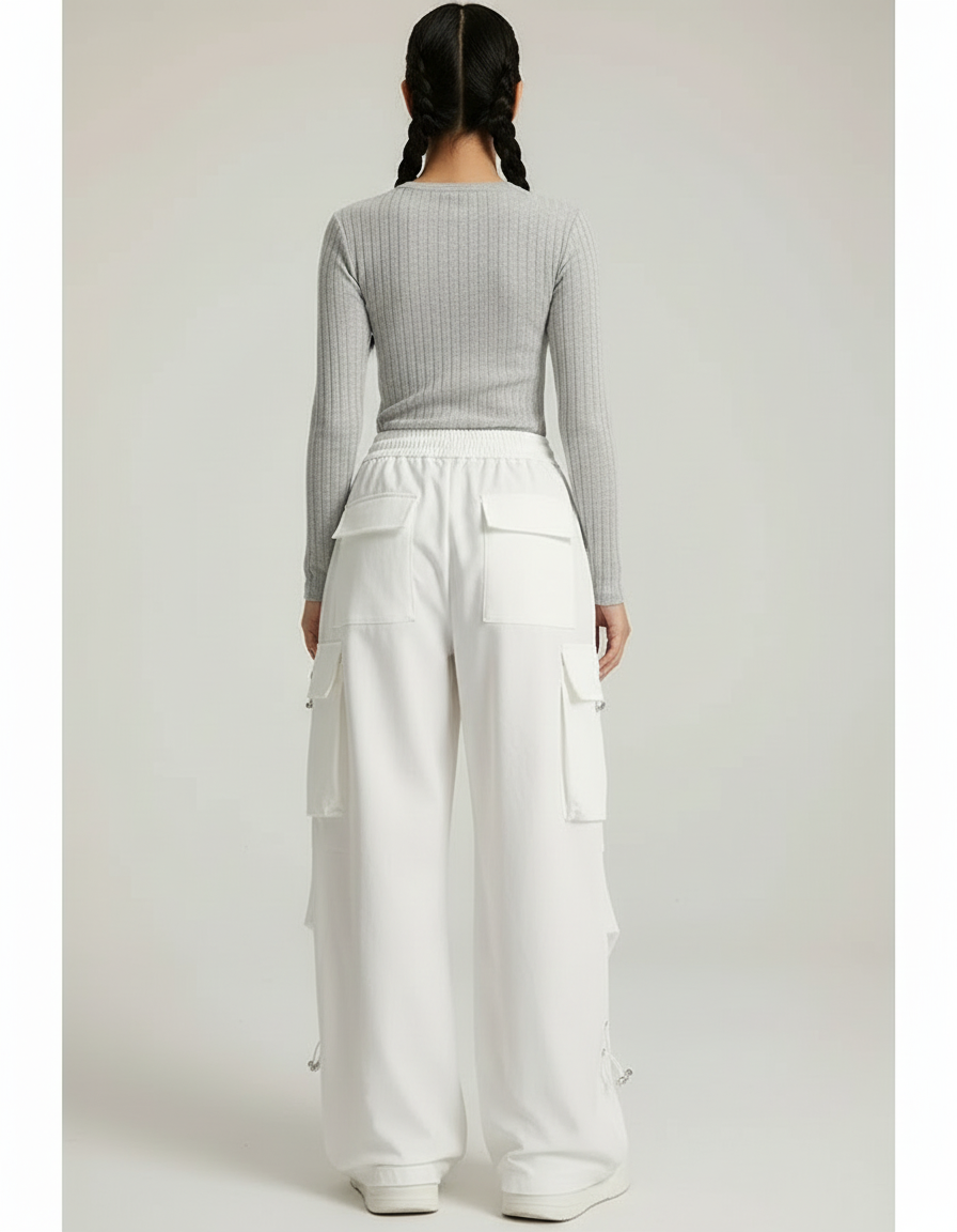 Pantalon Blanc Cargo Ample Taille Haute Femme - Polyester - vue 2