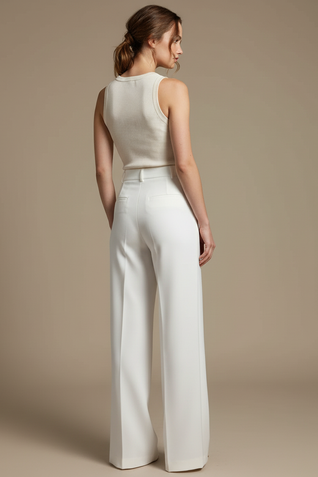 Pantalon Blanc Fluide Élégant Taille Haute Femme - Polyester - vue 2