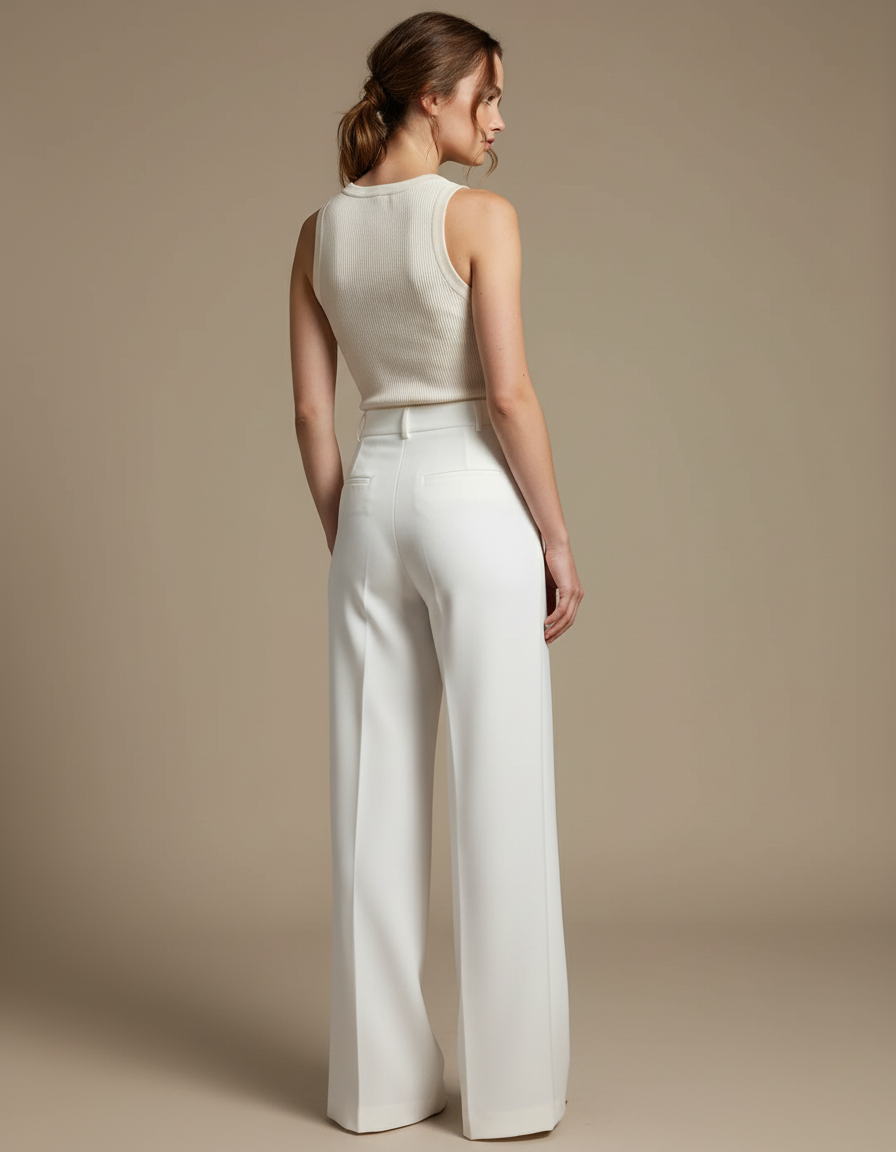Pantalon Blanc Fluide Élégant Taille Haute Femme - Polyester - vue 2