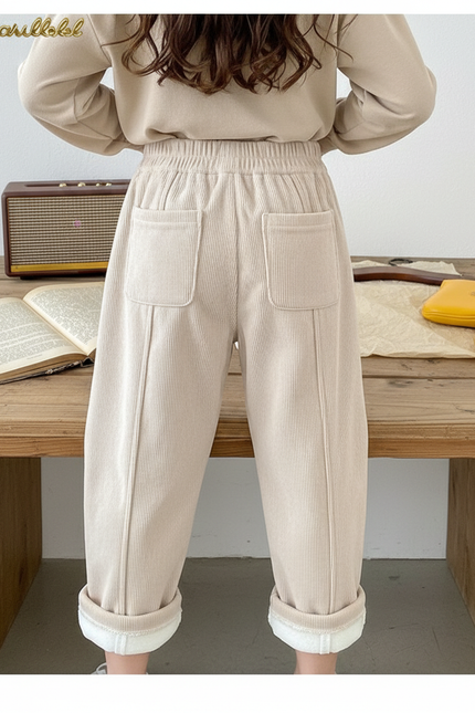 Pantalon Blanc Côtelé Doublé Polaire Ample Enfant - Beige Cordé