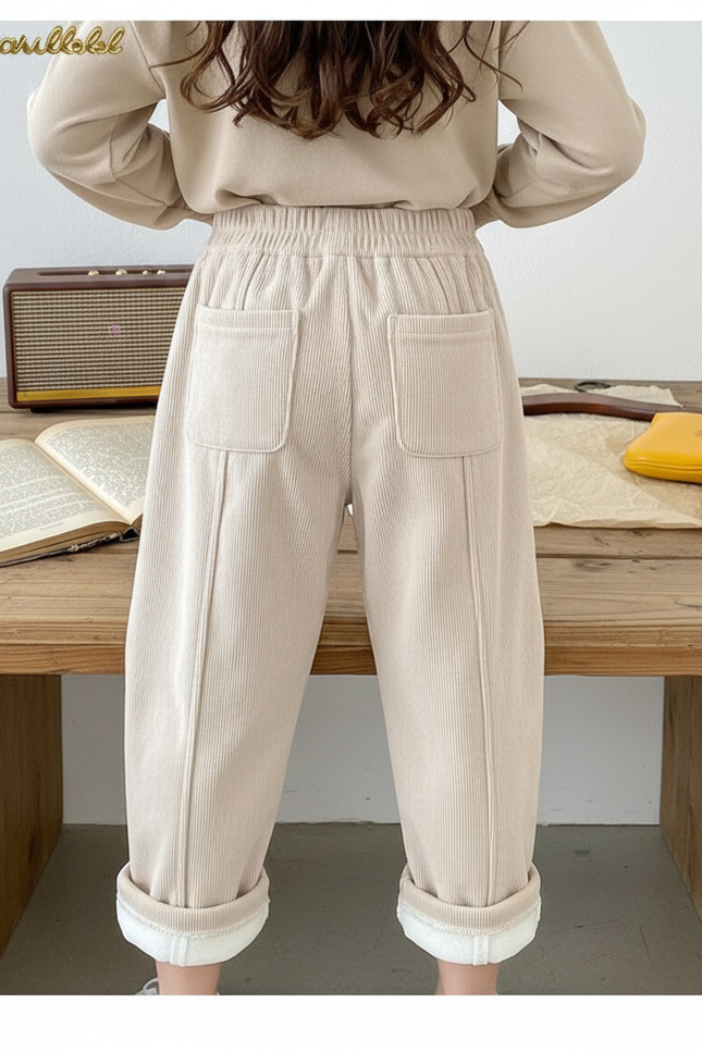 Pantalon Blanc Côtelé Doublé Polaire Ample Enfant - Beige Cordé