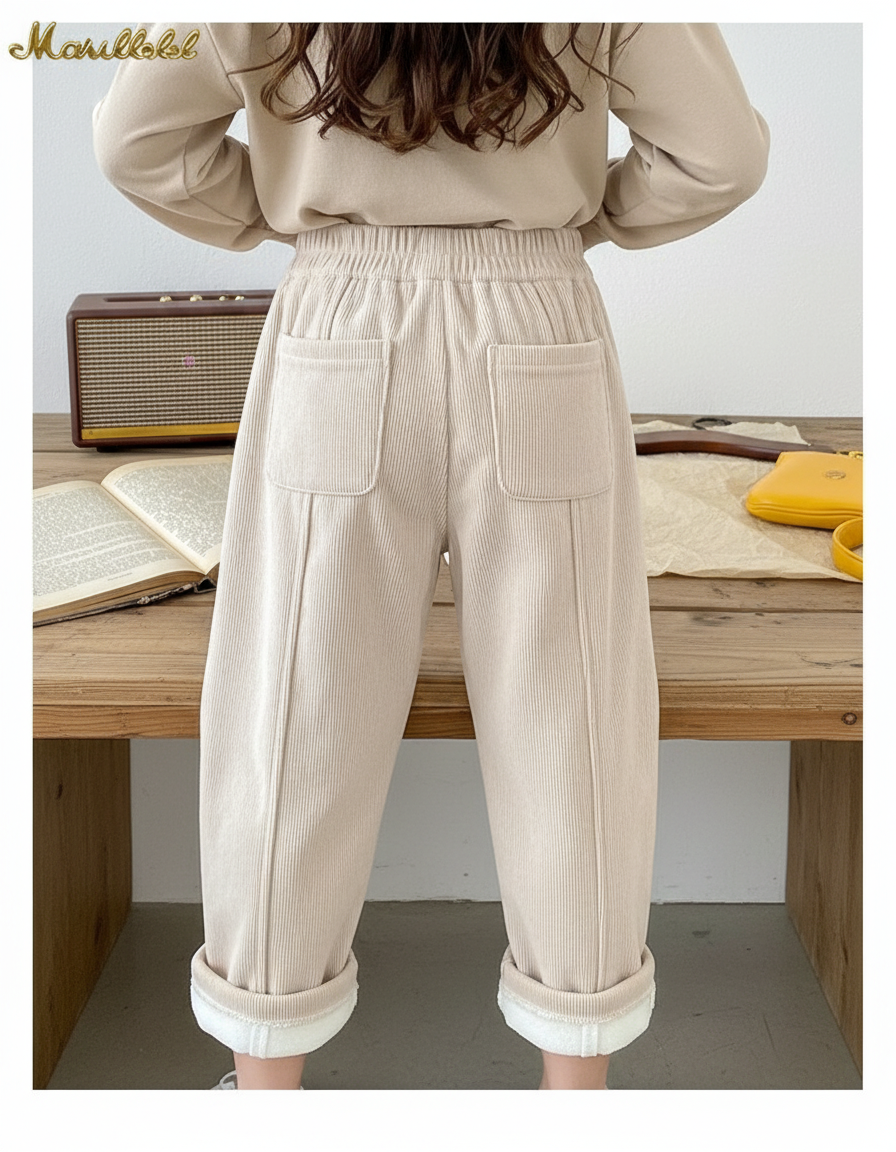 Pantalon Blanc Côtelé Doublé Polaire Ample Enfant - Beige Cordé
