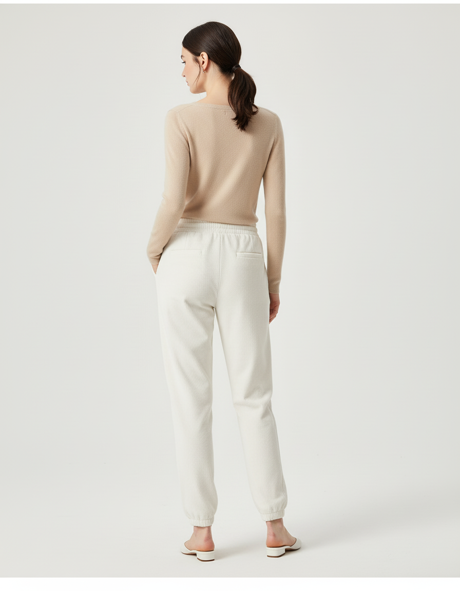 Pantalon Blanc Côtelé Droit Décontracté Femme Fluide - Cordé - vue 2