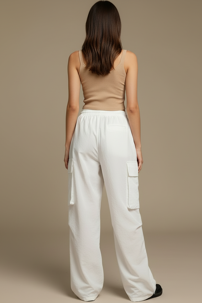 Pantalon Blanc Cargo Fluide Femme Ample Décontracté - Polyester - vue 2