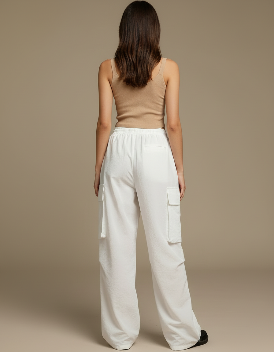 Pantalon Blanc Cargo Fluide Femme Ample Décontracté - Polyester - vue 2