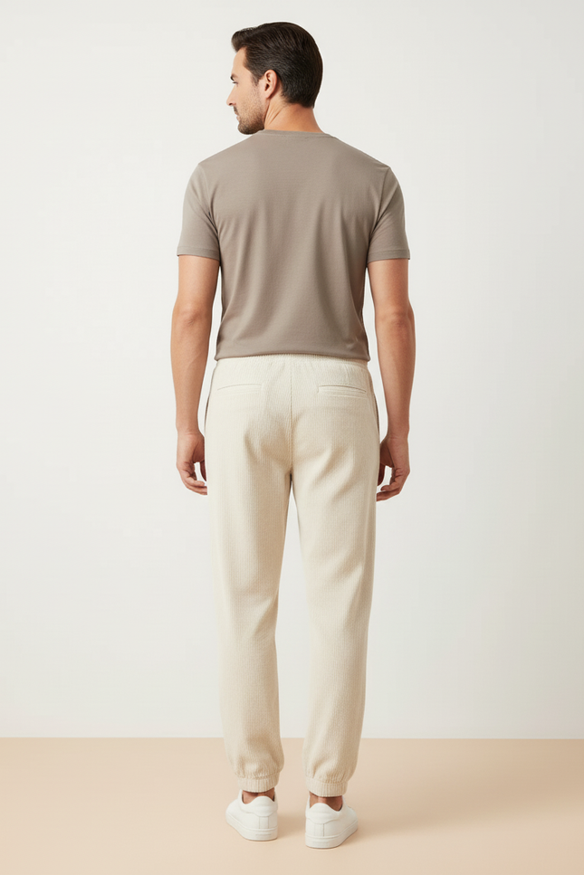Pantalon Blanc Côtelé Décontracté Ample Homme - Beige Cordé - vue 2