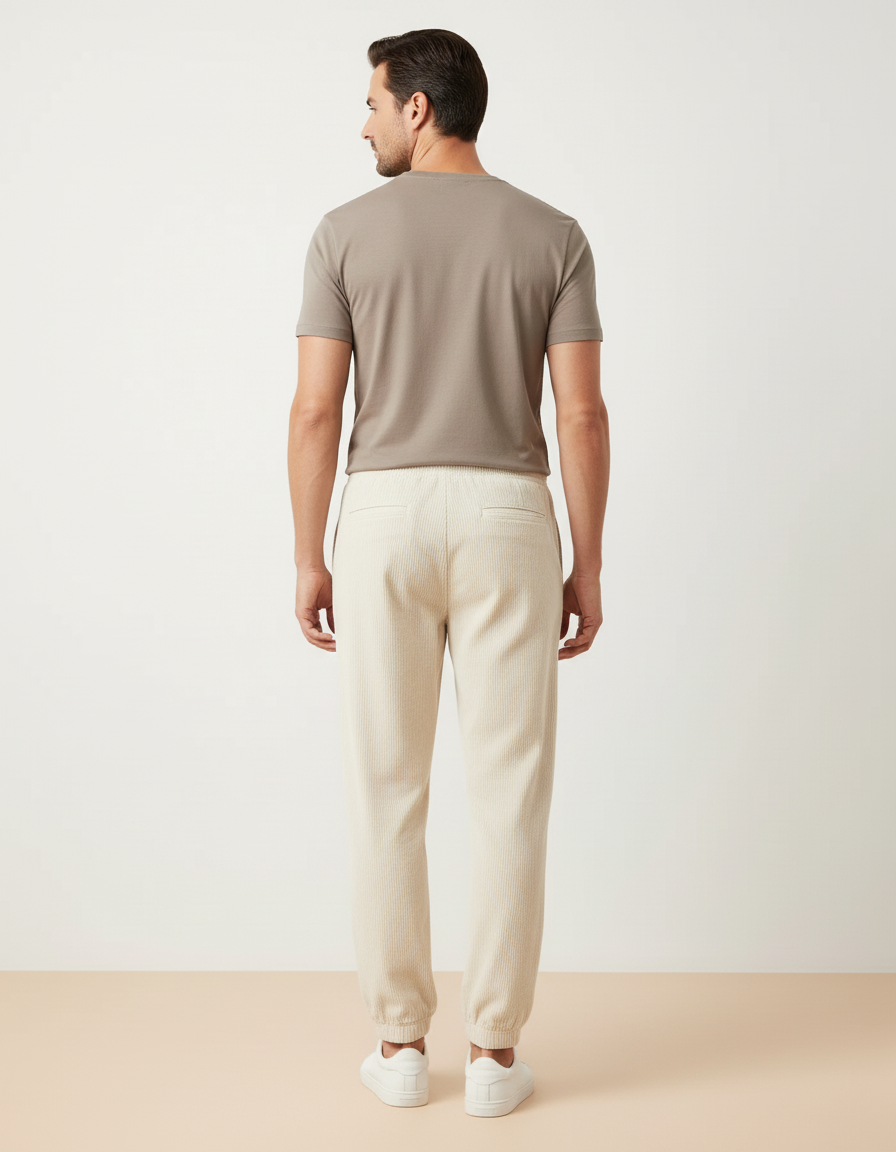 Pantalon Blanc Côtelé Décontracté Ample Homme - Beige Cordé - vue 2