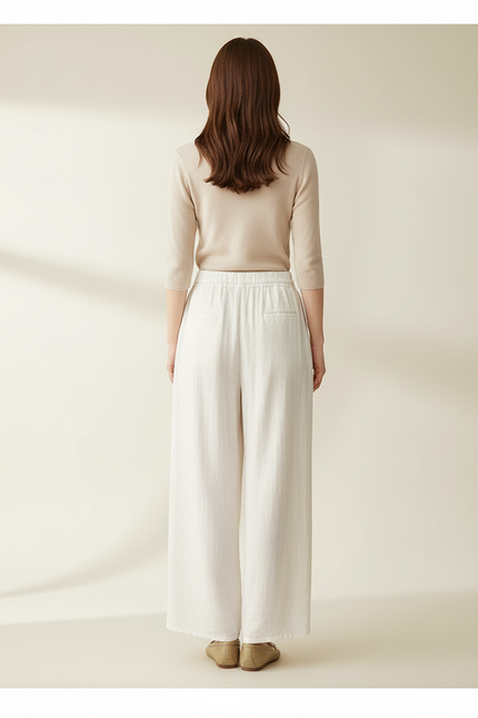 Pantalon Blanc Fluide Ample Lin Cordon Décontracté Femme - vue 2