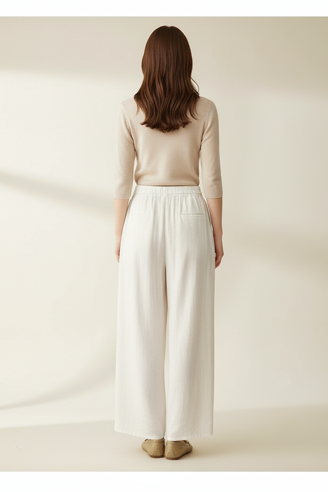 Pantalon Blanc Fluide Ample Lin Cordon Décontracté Femme - vue 2