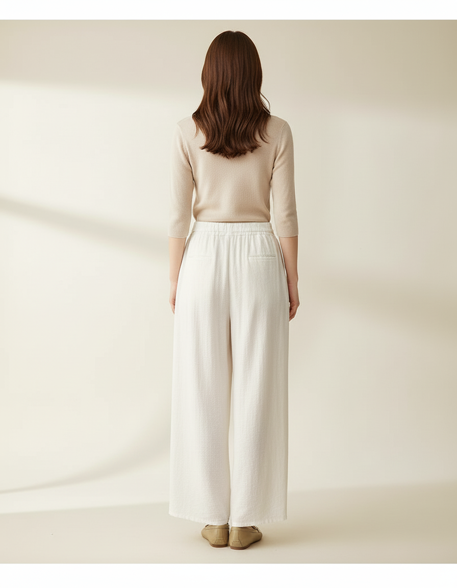 Pantalon Blanc Fluide Ample Lin Cordon Décontracté Femme - vue 2