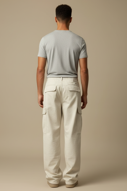 Pantalon Blanc Cargo Ample Streetwear Homme - Beige Toile - vue 2