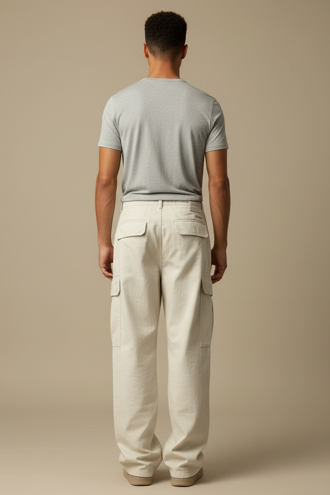 Pantalon Blanc Cargo Ample Streetwear Homme - Beige Toile - vue 2