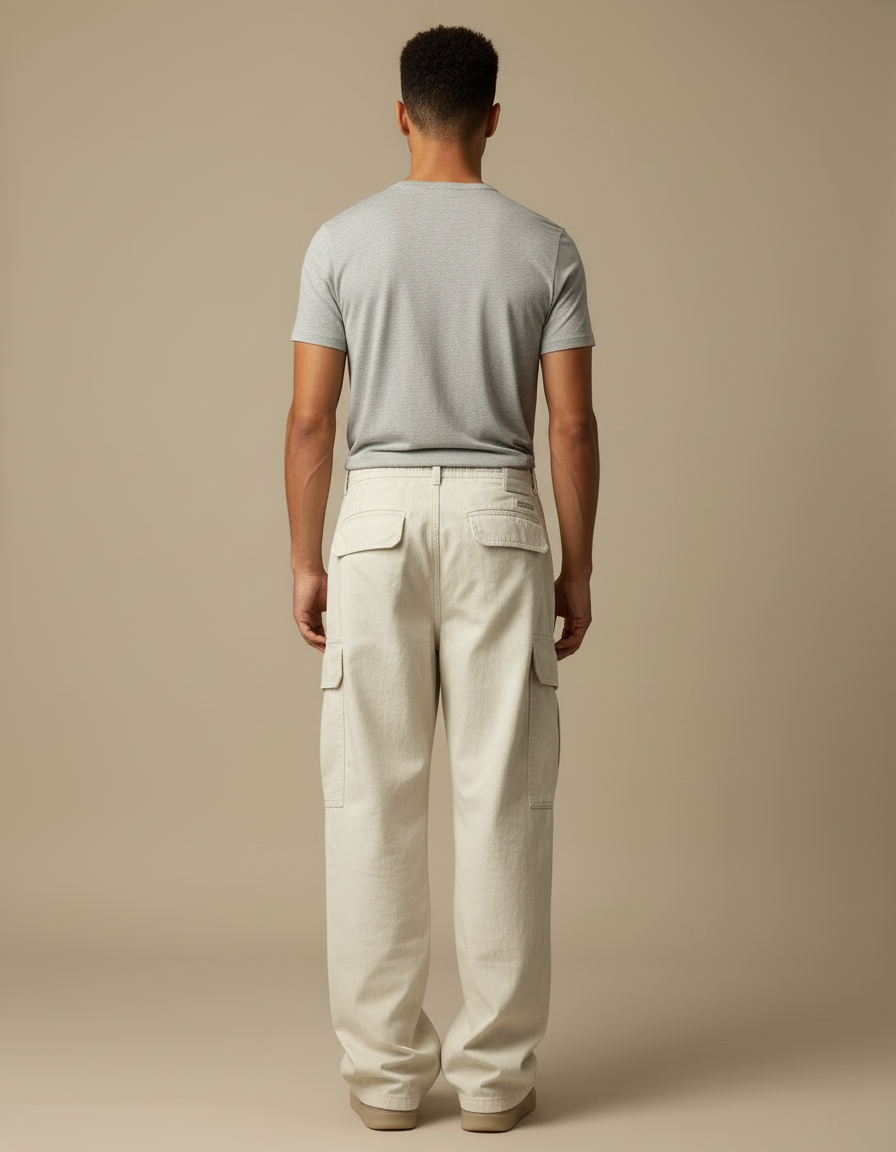 Pantalon Blanc Cargo Ample Streetwear Homme - Beige Toile - vue 2