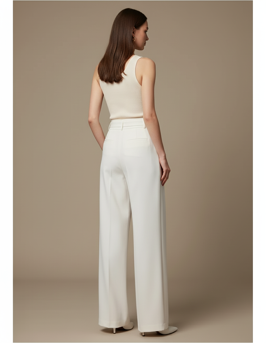 Pantalon Blanc Large Fluide Taille Haute Élégant - Polyester - vue 2