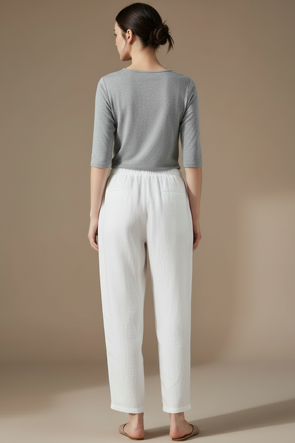 Pantalon Blanc Lin Ample Décontracté Fluide - vue 2