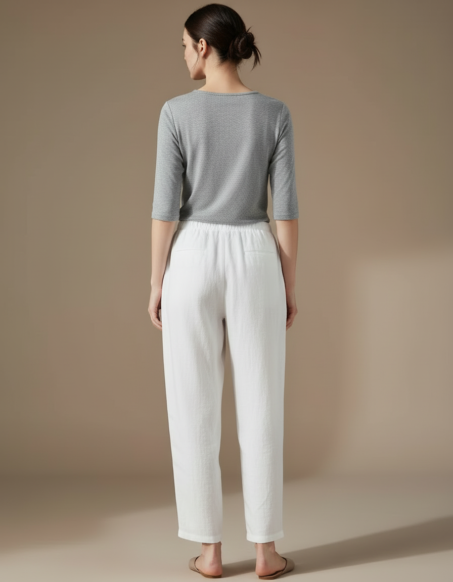 Pantalon Blanc Lin Ample Décontracté Fluide - vue 2