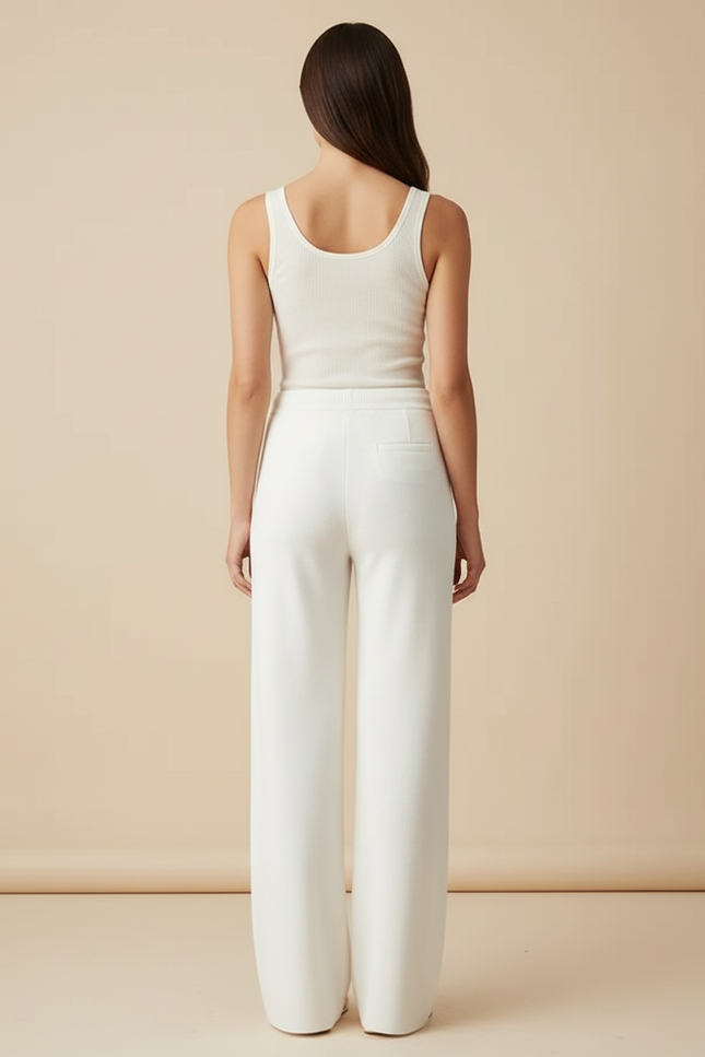 Pantalon Blanc Tricoté Large Fluide Confortable Femme - Maille - vue 2