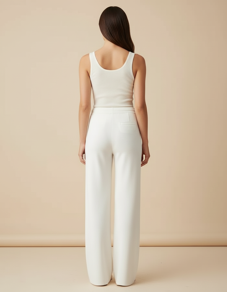 Pantalon Blanc Tricoté Large Fluide Confortable Femme - Maille - vue 2