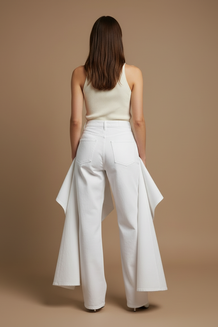 Pantalon Blanc Plissé Évasé Fluide Élégant Femme - Jean - vue 2