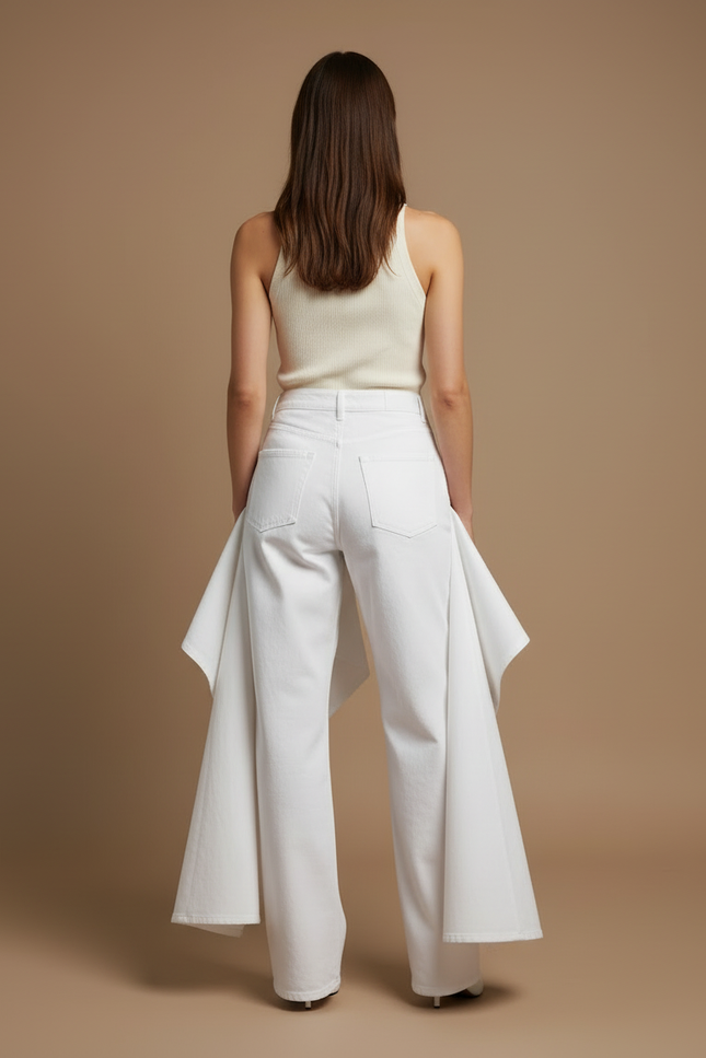 Pantalon Blanc Plissé Évasé Fluide Élégant Femme - Jean - vue 2