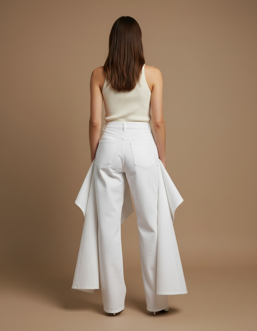 Pantalon Blanc Plissé Évasé Fluide Élégant Femme - Jean - vue 2