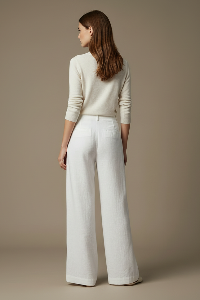 Pantalon Blanc Large Lin Ample Taille Haute Élégant - vue 2