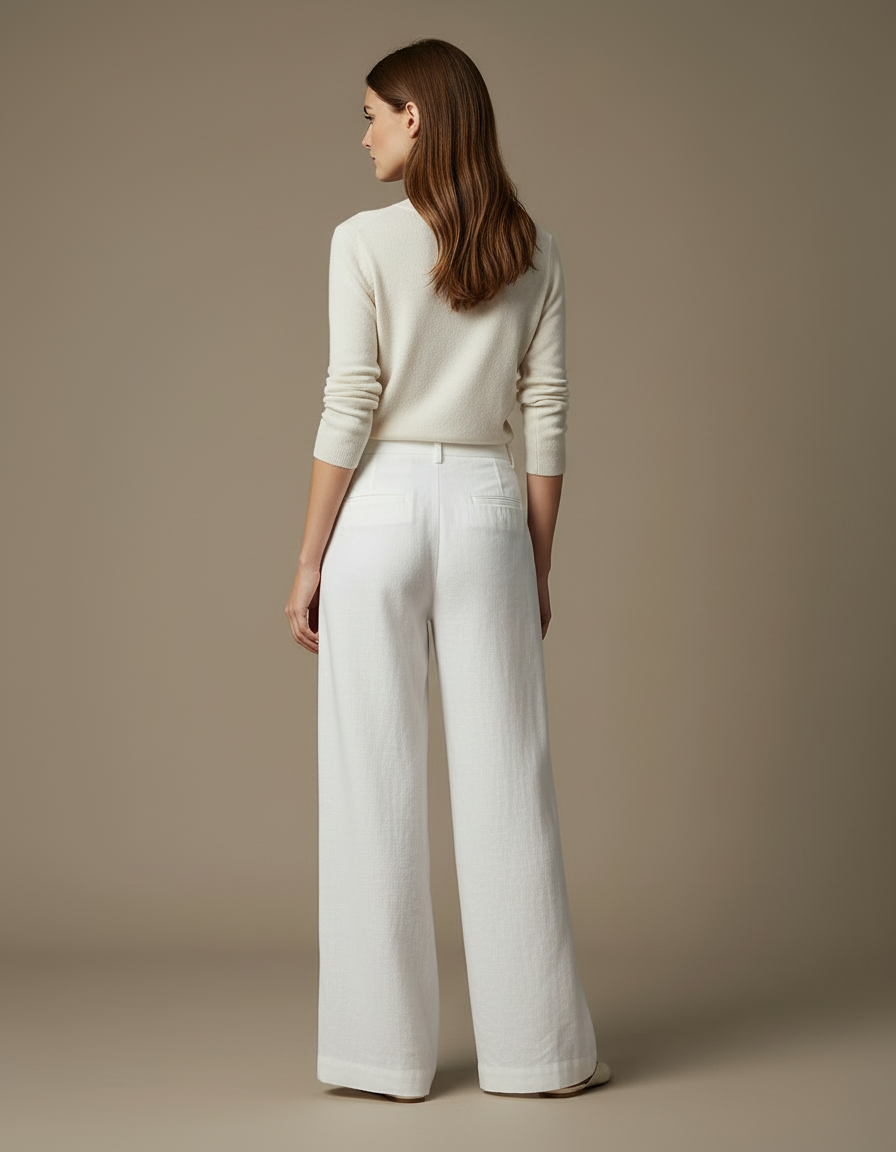 Pantalon Blanc Large Lin Ample Taille Haute Élégant - vue 2