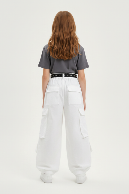 Pantalon Blanc Cargo Ample Poches Zippées Fille - Toile - vue 2