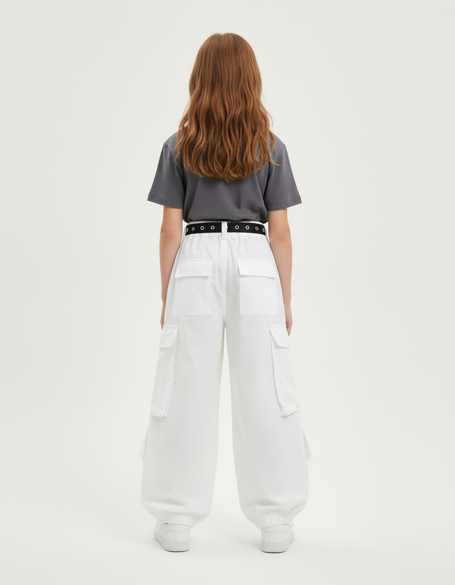 Pantalon Blanc Cargo Ample Poches Zippées Fille - Toile - vue 2