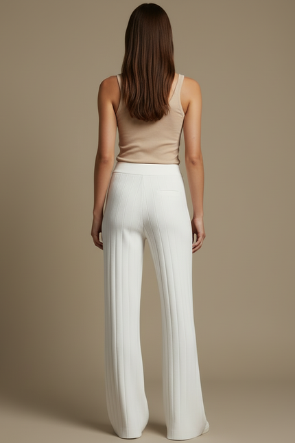 Pantalon Blanc Côtelé Évasé Tricoté Confortable Femme - Maille - vue 2