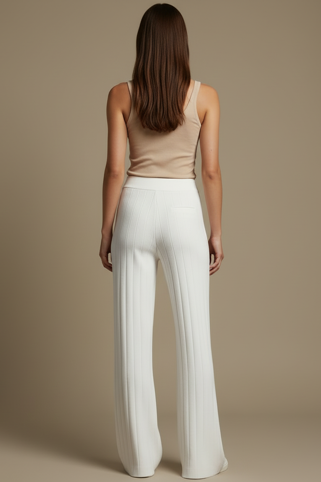 Pantalon Blanc Côtelé Évasé Tricoté Confortable Femme - Maille - vue 2
