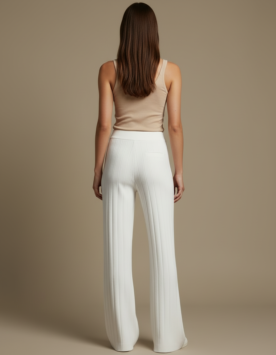 Pantalon Blanc Côtelé Évasé Tricoté Confortable Femme - Maille - vue 2