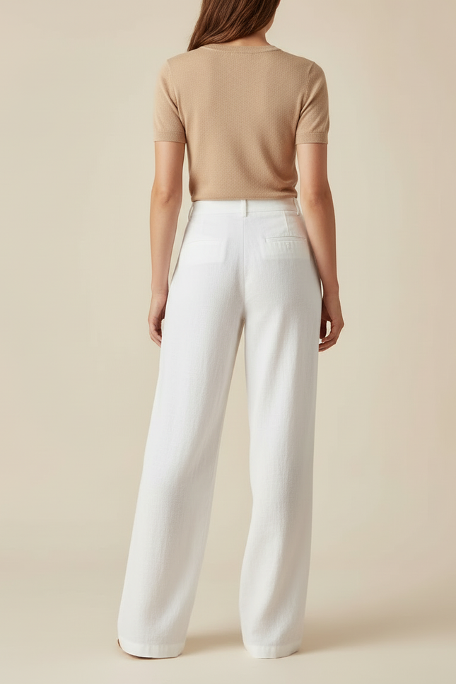 Pantalon Blanc Lin Ample Taille Haute Décontracté - vue 2