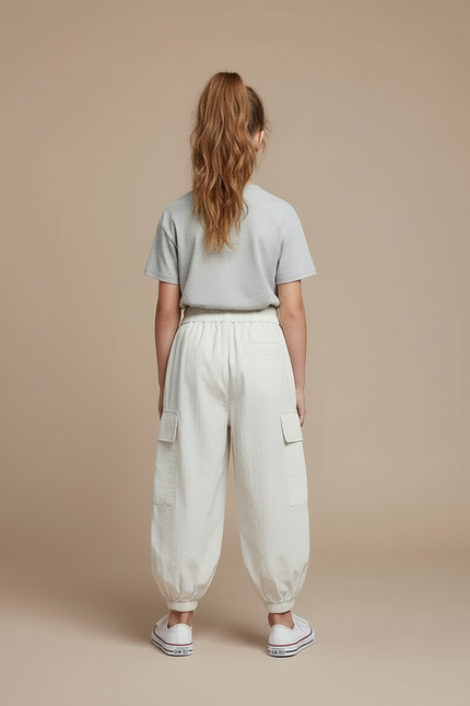 Pantalon Blanc Cargo Enfant Décontracté Léger Coton Ample - Beige - vue 2