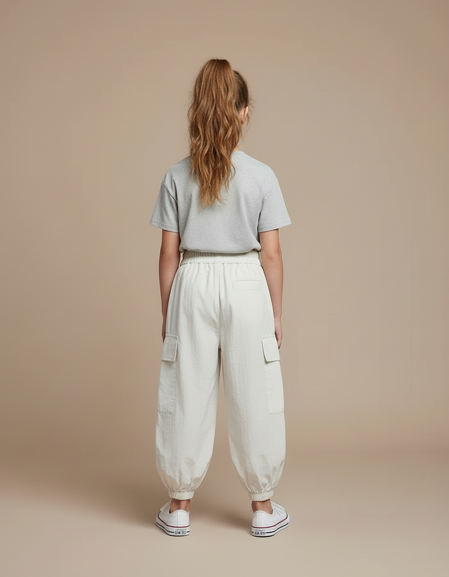 Pantalon Blanc Cargo Enfant Décontracté Léger Coton Ample - Beige - vue 2