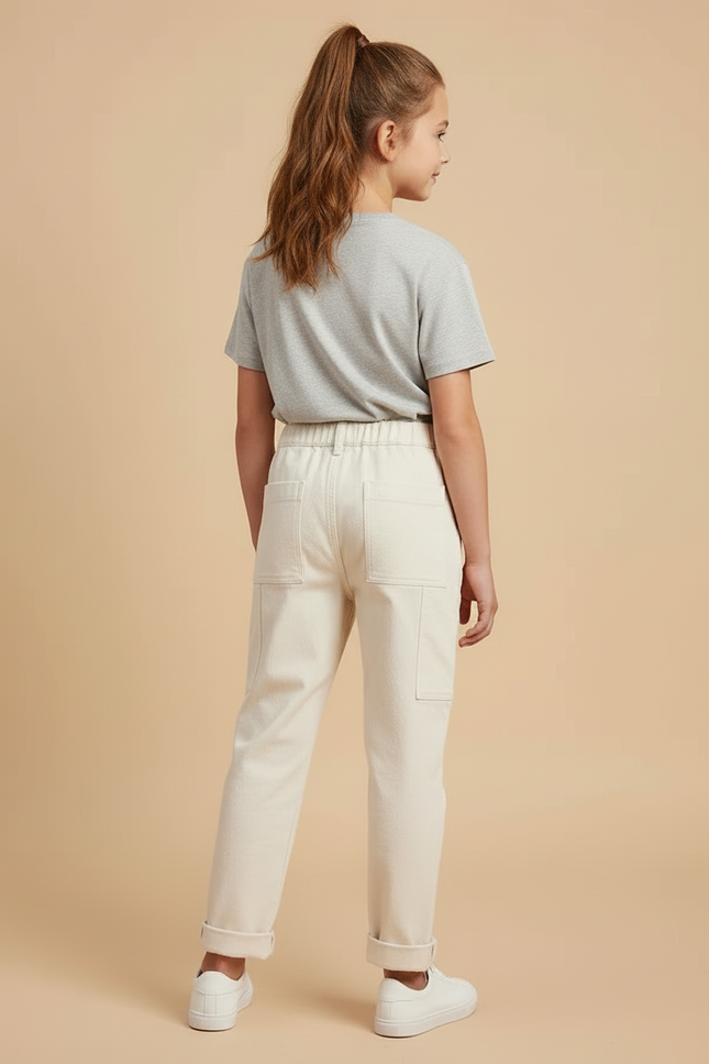 Pantalon Blanc Cargo Enfant Ample Poches Coton - Beige Toile - vue 2