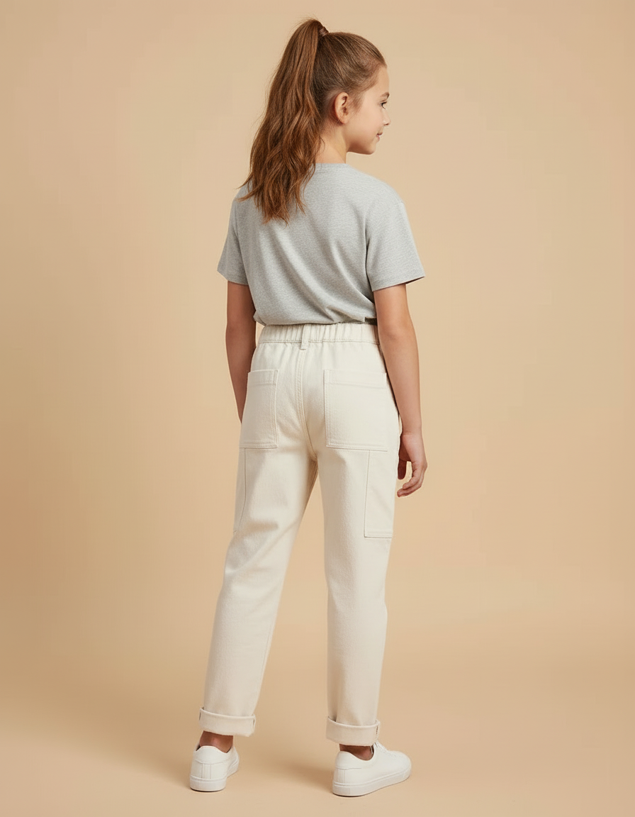 Pantalon Blanc Cargo Enfant Ample Poches Coton - Beige Toile - vue 2