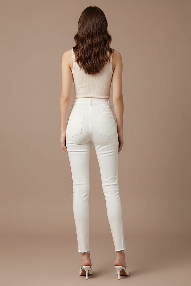 Pantalon Blanc Slim Taille Haute Boutons Dorés Élégant - Jean - vue 2