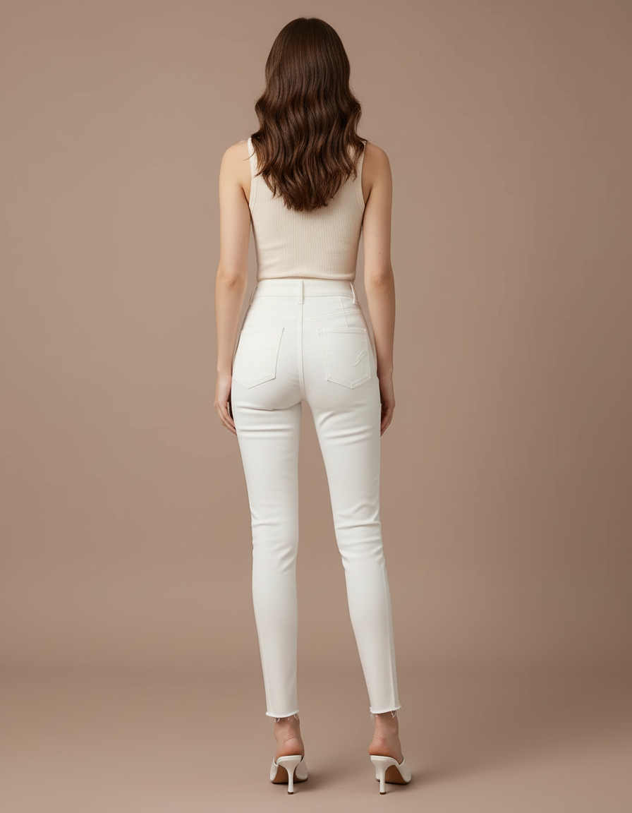 Pantalon Blanc Slim Taille Haute Boutons Dorés Élégant - Jean - vue 2