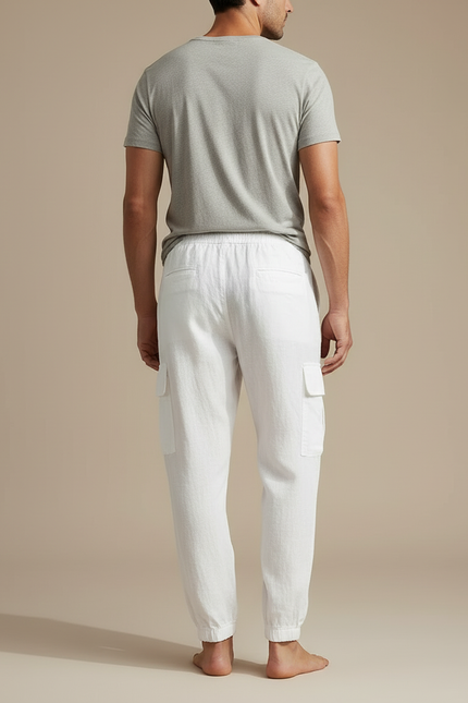 Pantalon Blanc Cargo Lin Cordon Décontracté Homme - vue 2