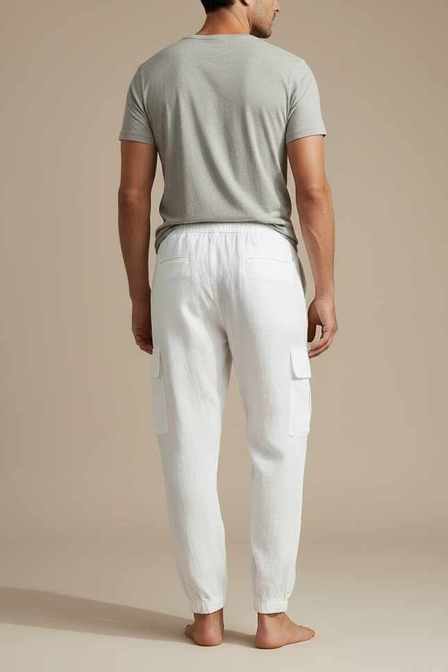Pantalon Blanc Cargo Lin Cordon Décontracté Homme - vue 2