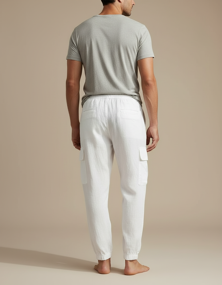 Pantalon Blanc Cargo Lin Cordon Décontracté Homme - vue 2
