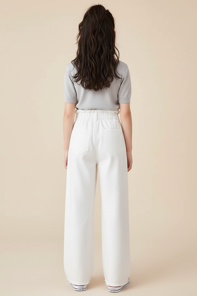 Pantalon Blanc Ample Décontracté Taille Haute Fille - Jean - vue 2