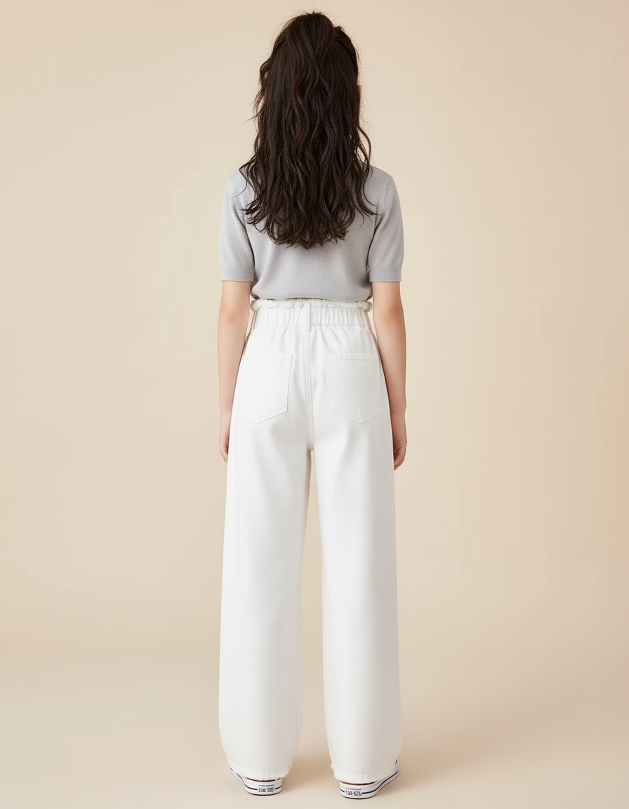 Pantalon Blanc Ample Décontracté Taille Haute Fille - Jean - vue 2